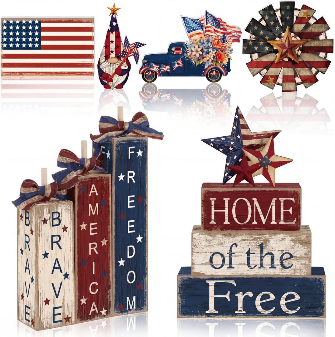 Vercraft 11 Pcs 4th of July Table Decorations Set Patriotic Tiered Tray Decor Retro Red White Blue Wood Block American Flag Decor for 250th Anniversary Independence Day Home Office Shelf