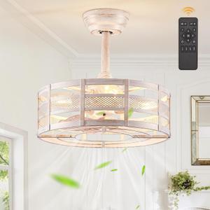 16in Caged Ceiling Fans with Lights and Remote, Fandelier Ceiling Fan with 6 Speeds and Timing, Farmhouse Samll Fan Lights Ceiling Fixtures For Kitchen, Bedroom-White and Gold