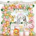 Young Wild and Three Decorations Girl, Jungle Safari Animal Theme 3rd Party Decorations Backdrop Balloons Banner Cake Cupcake Topper Poster Crown Lion Cheetah Giraffe Pink 117 PCs