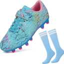 brooman Kids Firm Ground Soccer Cleats Boys Girls Football Cleats with Soccer Socks (Blue, Size 4)