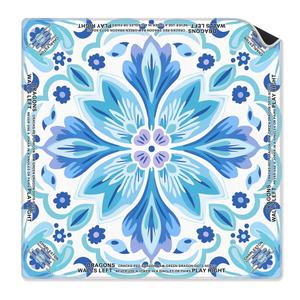 Yomisex Blue and Teal Floral Mahjong Mat 31.5 x 31.5 Inch, Mediterranean Mandala Flower Non-Slip Noise Reduction Mahjong Table Mat for American Mah Jong Poker Card Board Games Dominoes