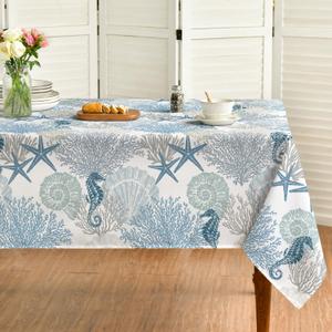 Horaldaily Summer Tablecloth 60104 Inch Rectangular, Sealife Blue Beach Washable Table Cover for Party Picnic Dinner Decor