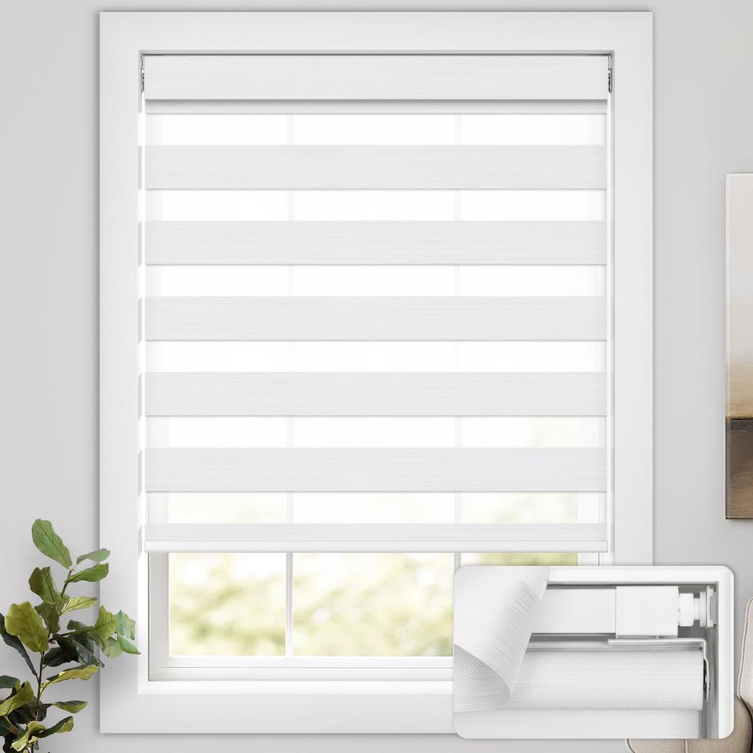 UNISHADES No Drill Cordless Zebra Blinds for Windows, Linen High Precision Fabrics, 25.5" W x 72" H Linen White