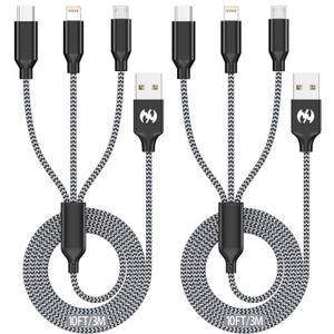 Multi Charging Cable 10ft 2Pack 3 in 1 Charger Cord, Long Multiple Rapid Nylon Braided Cable USB Charging Cable Multi Phone Charger Cord with Type C Micro Lightning USB Connectors for Cell Phones