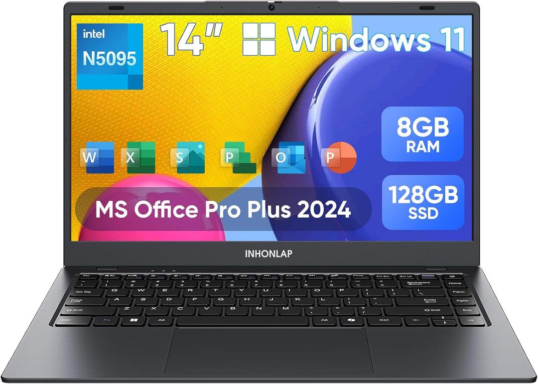 Laptop Computer, 14 Inch Laptop 8GB RAM 128GB SSD Laptops, Quad-Core N5095 Processor, Up to 2.9 GHz, Win11 Pro, Office Pro Plus 2024, WiFi 5, BT 5.0, Webcam, Long Lasting Battery, Black