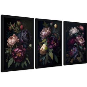 Krtoni 3PCS Framed Dark Flower Wall Art, Neutral Black Peony Floral Canvas Artwork Prints, Rustic Boho Farmhouse Flower Botanical Picture Paintings for Living Room Bedroom Office 12W x 16H