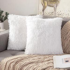 ANRODUO Pack of 2 White Throw Pillow Covers Luxury Fluffy Pillows Faux Fur Decorative Pillows Plush Cushion Case Fuzzy Mongolian Merin Style for Bed Couch Sofa Living Room Spring Decor 18x18 Inch