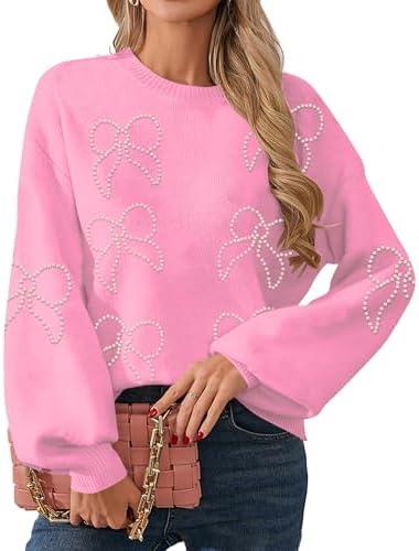 UNIQUEONE Oversized Bow Sweater Y2K Crew Neck Drop Shoulder Long Sleeve Knit Pullover Tops Fall Outfits Trendy XL
