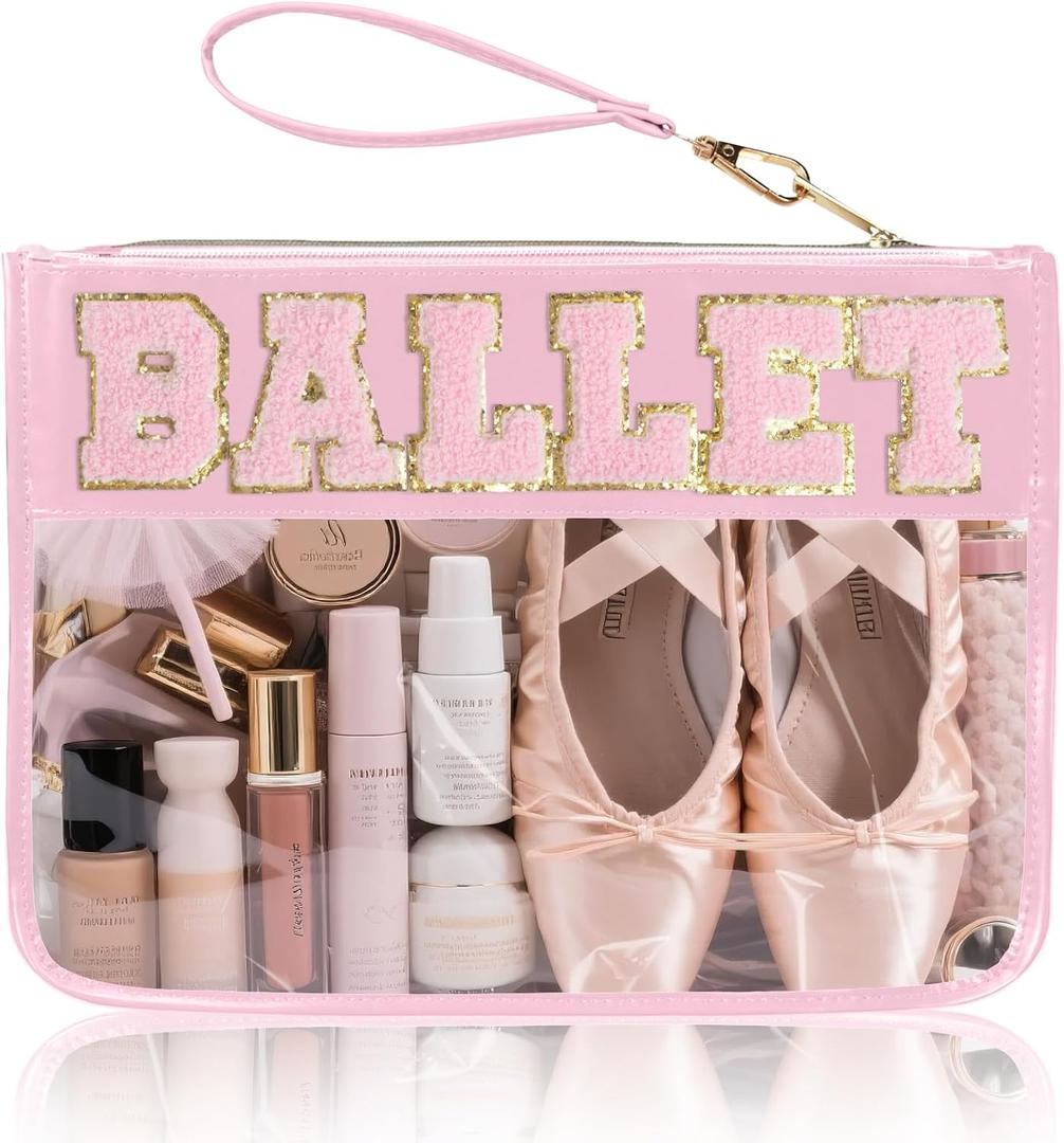 Snack Bags Clear Pouch Travel Makeup Bag Chenille Letter Bags for Zipper Pouch Clear Cosmetic Bag Clearly Tote Bag Makeup Travel Bags for Women (PINK-BALLET)