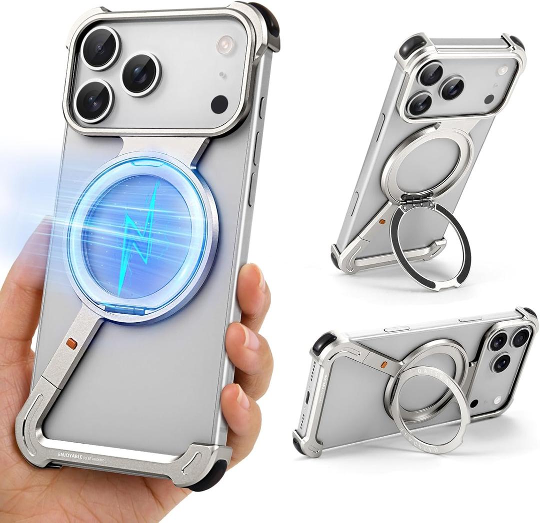 Z Metal Case for iPhone 17 Pro Frameless, Aluminum Alloy Bumper Compatible with Magsafe Kickstand Minimalist Shockproof Cool Cover Hard Shell with 360Ring Holder Magnetic Stand, Natural