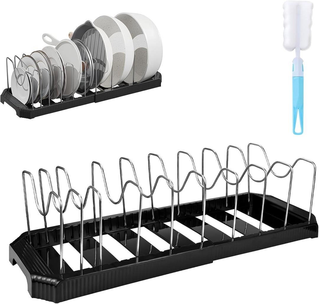 Expandable Pot Rack Organizer, 14 Adjustable Compartments, Pot and Pan Organizer Rack for Cabinet with Cup Brush Dividers, 13 -22" Wide Adjustable Pan Organizer - Pantry Countertop Storage (Black)