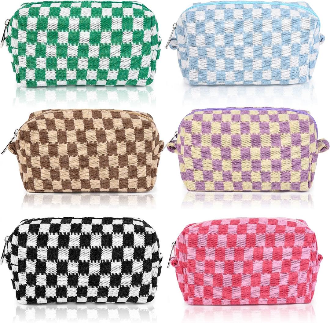 SOIDRAM 6 Pcs Checkered Makeup Bag Preppy Cosmetic Bag Bulk Pink Black Makeup Pouch Personalize Travel Toiletry Bag Organizer Cute DIY Makeup Brushes Storage Bag for Women