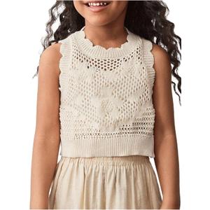 MakeMeChic Girl's Summer Crochet Tops Sweater Vest Sleeveless Cute Crop Tops Knitwear (Beige)