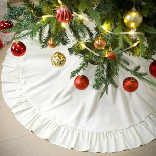 Hiboom Cream Velvet Christmas Tree Skirt Elegant Retro Xmas Decoration Holiday Party Decor Soft Velvet Fold Edge Home Decor Merry Christmas Party Xmas Tree Decorations 36in
