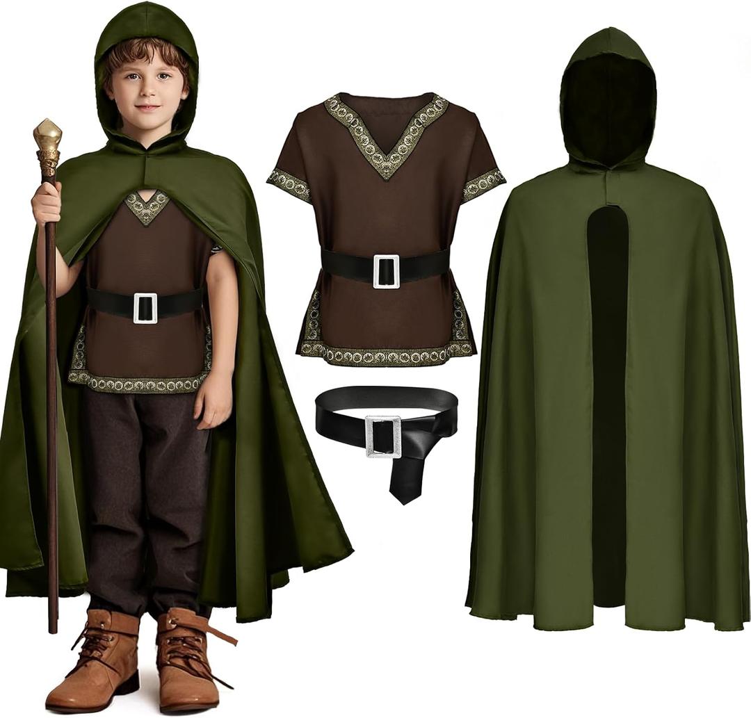 G.C Kids Renaissance Shirt Cloak Costume Belt Boys Medieval Costume Accessories Outfit Knight Hooded Cape Halloween Cosplay (1509-12 Years)