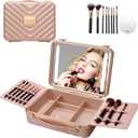 Mocado Travel Makeup Case with Lighted Mirror, Makeup Box with 8 Makeup Brushes and 10x Magnifying Mirror, Cosmetic Case Adjustable Brightness Makeup Train Case with Makeup Brushes Divider(Pink)