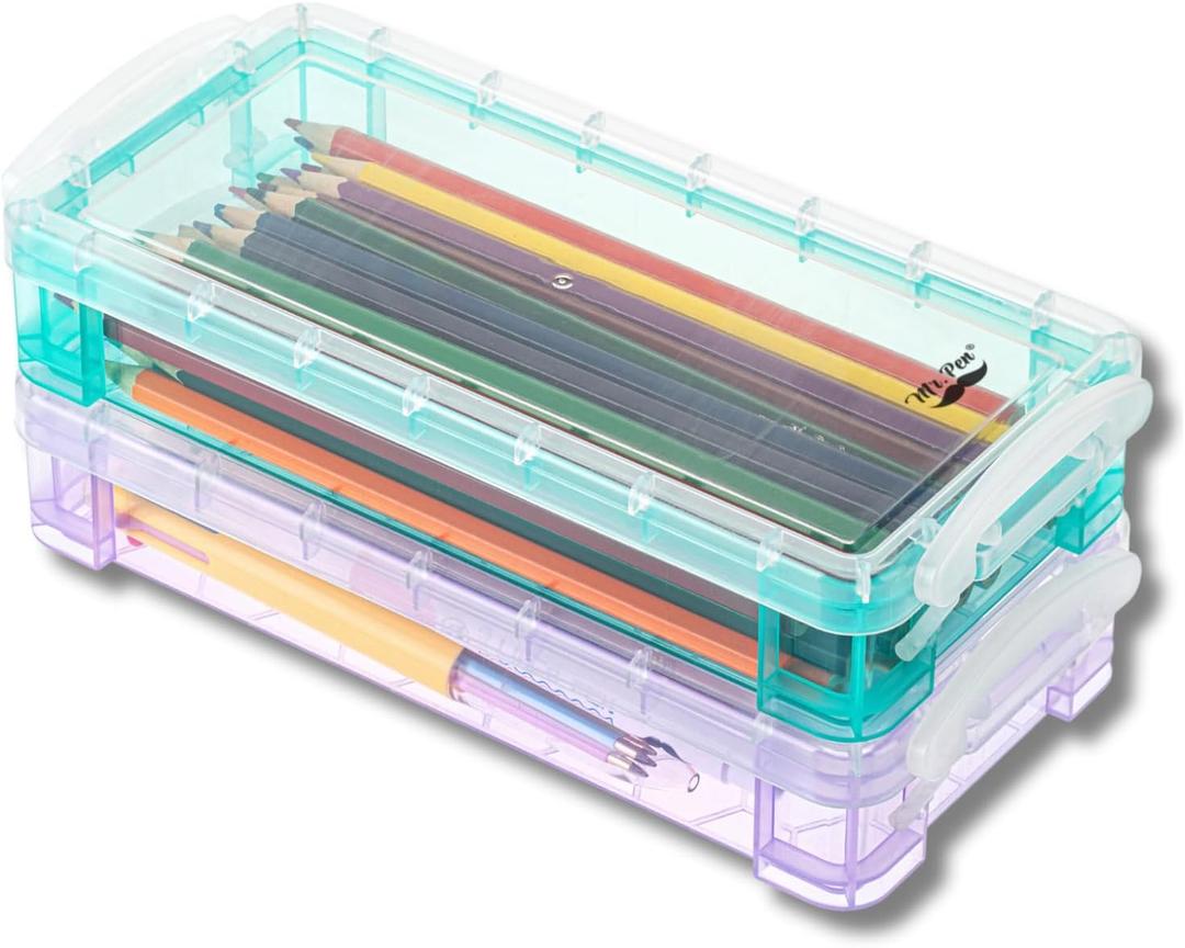 Mr. Pen- Pencil, Crayon Box, Assorted Color, 2 Pack, Clear Plastic Hard Pencil Case (Blue, Pink)