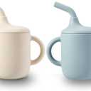 PandaEar 2 Pack 100% Tiny Silicone Drinking Training Cup with Handles & Straw for Baby and Toddler (White Blue)