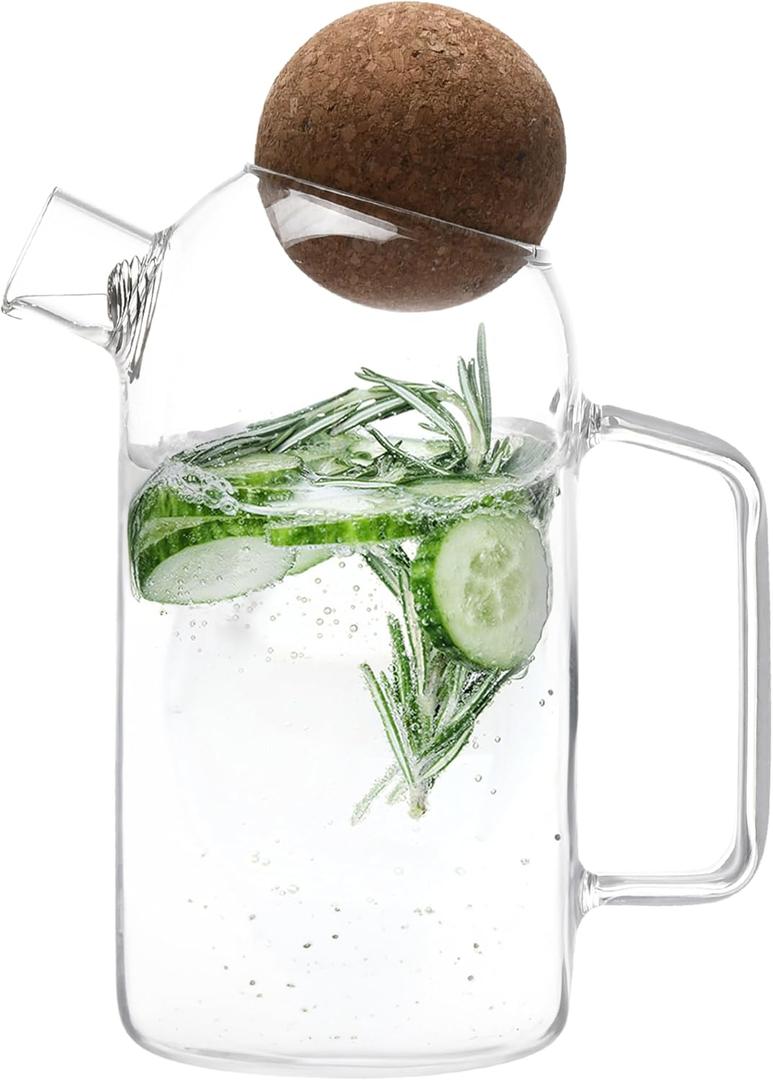 WHOLE HOUSEWARES Glass Pitcher with Lid and Handle - Stylish Container for Mocktails & Cocktails - Airtight Cork Stopper Ball Lid - Transparent Jug with Metal Filter - Ideal for Cold Beverages - 25 oz (Transparent (25oz))