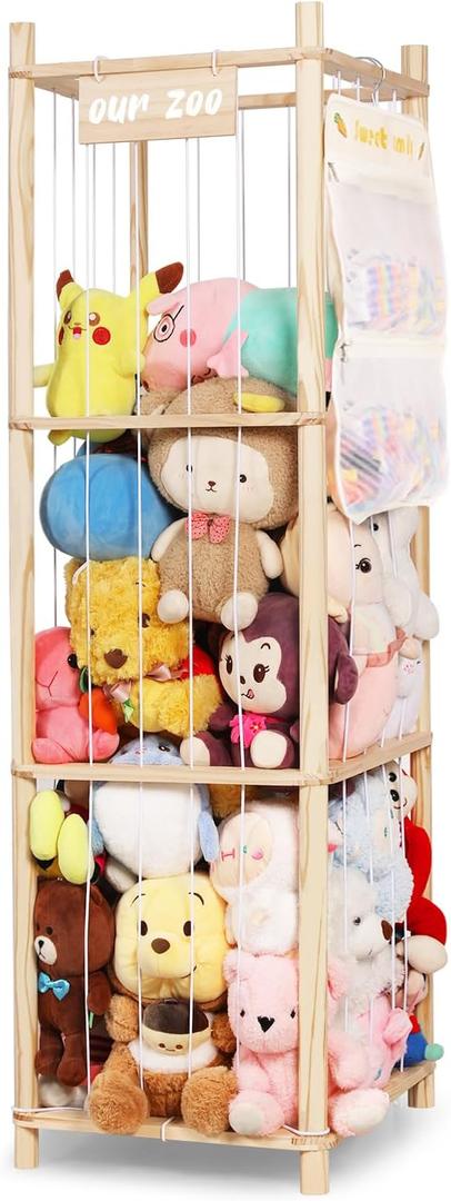 Stuffed Animal Storage Organizer, Large Wooden Zoo Toy Holder with Pockets, Plushie, Stuffy,Toy Storage for Kids Room, Playroom, Bedroom(Natural Large)