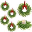 6 Pcs Mini Christmas Wreaths for Kitchen Cabinet, 7.87" Small Christmas Wreath with Ribbon Bows, Norfolk Pine Candle Ring Holder for Table Centerpiece Window Chair Wall Decors