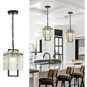 Modern Black Crystal Pendant Light Fixtures for Kitchen Island and Dining Room, Luxury Water Ripple Glass Hanging Chandelier for Bedroom Entryway Living Room Foyer Hallway 1-Pack