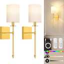 19.9 Inch Wall Sconces Battery Operated Set of 2, Gold Rechargeable Wireless Wall Sconces Lights with Remote, Not Hardwired Dimmable Wall Lamps with White Fabric Shade for Bedroom, 2 Bulbs Included