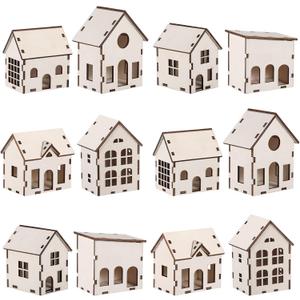 Hiboom 12 Pcs DIY Christmas Village Sets Wood Village Houses Christmas Mini Wooden House Gift for Winter Xmas Party Decorations