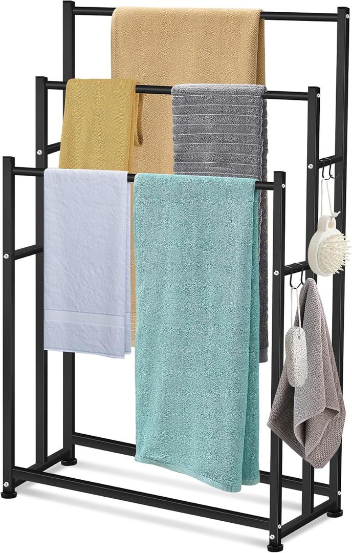 47.6 Inch Tall Free Standing Towel Racks 3 Tier Pool Towel Rack Outdoor Oversized Floor Bath Towel Drying Valet Holder Blanket Quilt Rack Stand for Bathroom Bedroom Beach Hot Tub Gym Pool Area Outside (Black)