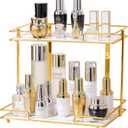 2 Tier Bathroom Cabinet Countertop Organizer Perfume Lipstick Makeup Organizer Cosmetics Storage Display Rack Vanity Tray Metal Dresser Storage Shelf White Marble Ceramic Tray Golden