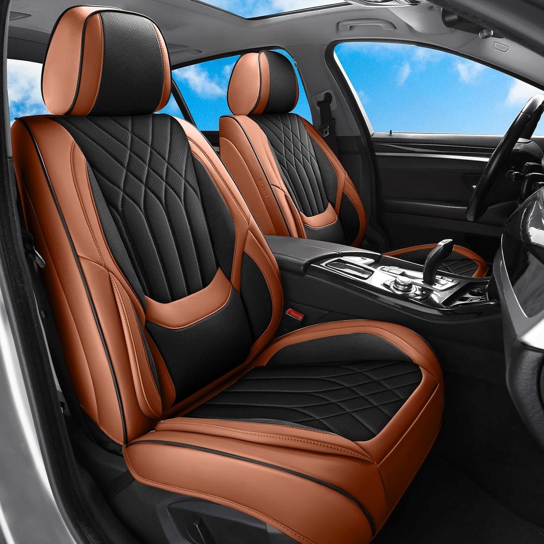 Black Brown Car Seat Covers Full Set, Luxury Leather Brown Seat Covers for Front and Rear Seats Waterproof Anti-Slip Full Wrapped Universal Fit for Most 5-Seater Cars SUVs