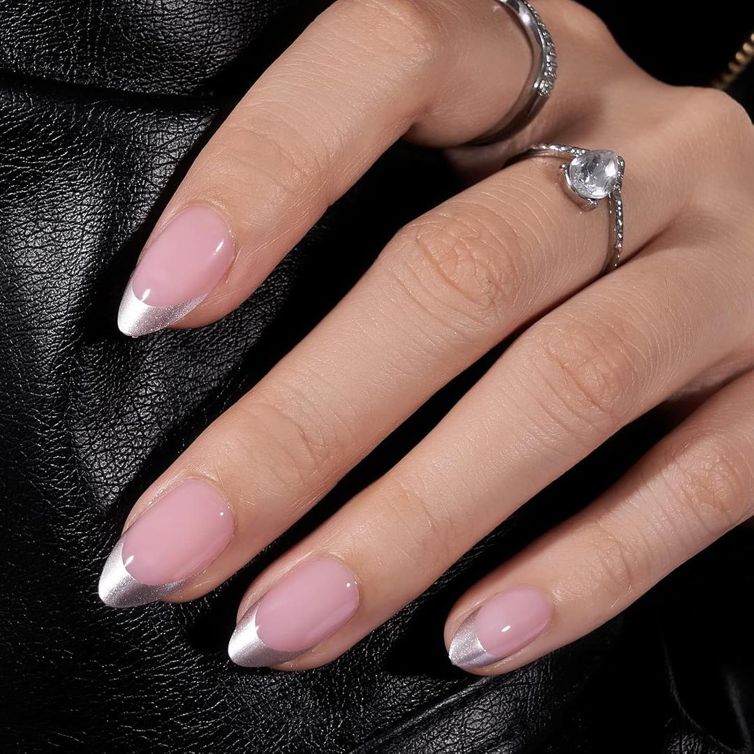 French Tip Press On Nails - BTArtbox Short Almond Fake Nails, Fit Perfectly & Natural Reusable Silver Outline Soft Gel Nails with Nail Glue and Jelly Glue in 16 Sizes, Rock Me