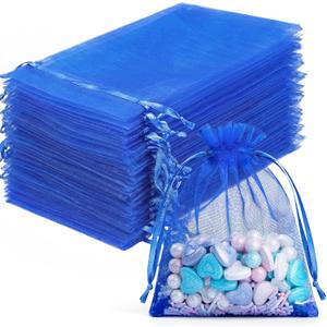 FUNFERY 100 Pcs Royal Blue Organza Bags 3x4 in, Small Mesh Drawstring Gift Bags for Sachet, Jewelry, Candy, Wedding Favor