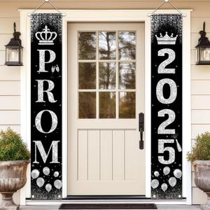 Prom Send Off Decorations 2025 Porch Sign, Black and Silver Prom Banner for Door 2025 Prom Decorations Door Banner Prom Party Decorations for High School College Graduation Prom Party Supplies
