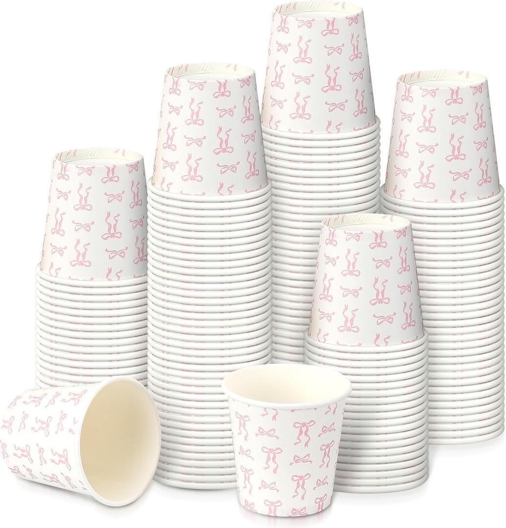 300 Pack Bow Design 3oz Paper Cups for Bathroom, Disposable Mini Mouthwash Cups Hot/cold Beverage Coffee, Dessert, for Birthday Party, Travel, Events, Picnic, BBQ