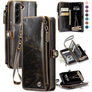 Defencase Compatible with Samsung Galaxy S22 5G Case Wallet with RFID Blocking Card Holder for Women Men, PU Leather Magnetic Snap Flip Zipper Strap Wallet Phone Case Fit for Galaxy S22 6.1", Coffee