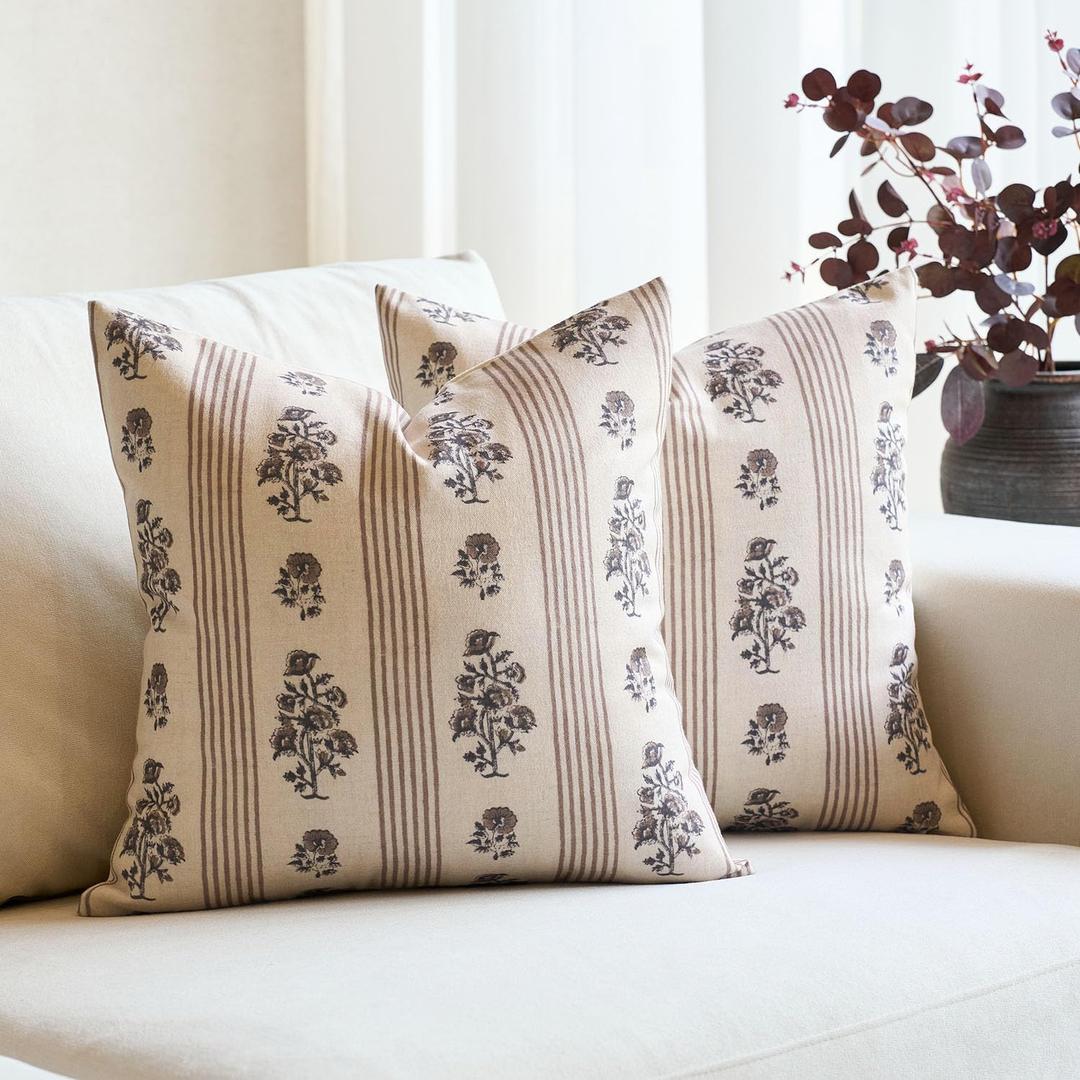 Amor Virisso Floral Throw Pillow Covers 18x18 Set of 2 Block Print Pillow Covers Neutral Floral Striped Farmhouse Decorative Pillow Covers for Sofa Couch Bed, Brown