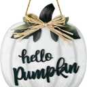 Fall Door Decor White Pumpkin Wall Decor Hello Pumpkin Sign with Raffia Bow Fall Decorations for Home Porch Wooden Front Door Hanger for Harvest Thanksgiving Indoor Outdoor Home Decorations