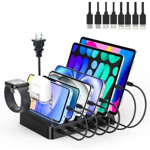 Catlyn Charging Station for Multiple Devices, 6-Port 90W Fast Charger Stations with 8 Mixed Charger Cables Organizer Dock,Compatible for Cell Phone