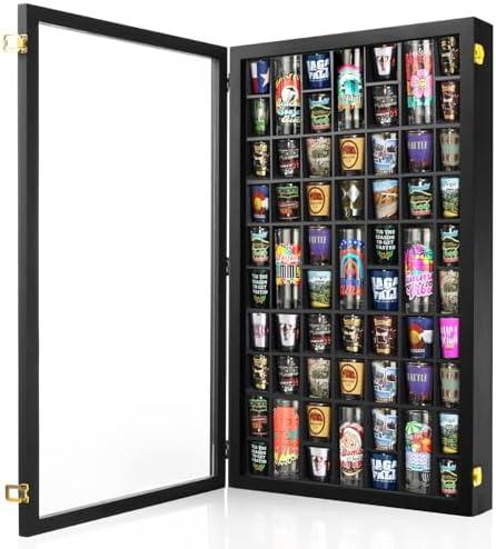 Shot Glass Display Case, 61 Slots Shot Glass glass display cabinet Holder Lockable Wall Mounted Shadow Box with UV Protection Acrylic Glass Shot Glass Door Storage Case for Multiple Shot Glasses