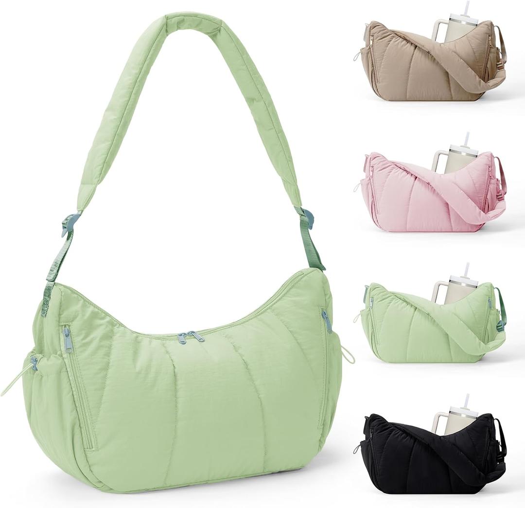 Wandering Nature Puffer Tote Bag for Women Fits 32oz Tumbler & 12" Tablet, Quilted Crossbody Hobo Bag for Work, Travel, Gym (Green)