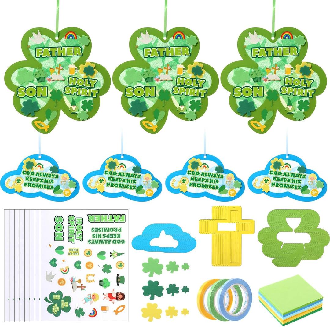 Gersoniel 24 Sets St. Patrick's Day Shamrock Cross Cloud Tissue Paper Crafts Irish Celtic Trinity Symbols DIY Art and Craft Kits with Stickers for Spring Family Sunday Church DIY Projects Decorations