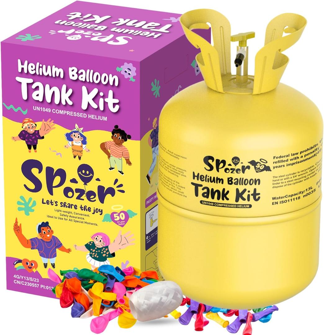 13L Helium Tank Up To 50 Latex Balloons, Helium Tank For Balloons At Home, 50 Latex Balloon And Ribbons Included.