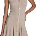 BCBG Women's Sleeveless V-Neck Button Front Pleated Knit A-line Mini Dress (L)