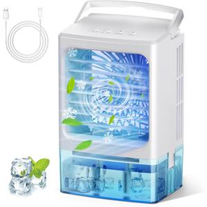 Portable Air Conditioner,3-IN-1 Evaporative Air Cooler,3 Speeds 2 Spray Outlets,900 Visiable Tank,7 Colors Light,2 Timers,Personal Mini Desktop Cooling Fan,Small AC Unit for Room Kitchen Office RV Car (White)