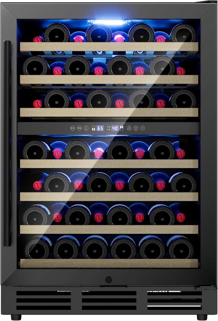 24 Inch Dual Zone Wine Fridge, 54 Bottle Under Counter Refrigerator for Built-in or Freestanding, Wine Cooler for Bottles with Glass Door, Removable Shelves for Home, Office (Blcak)