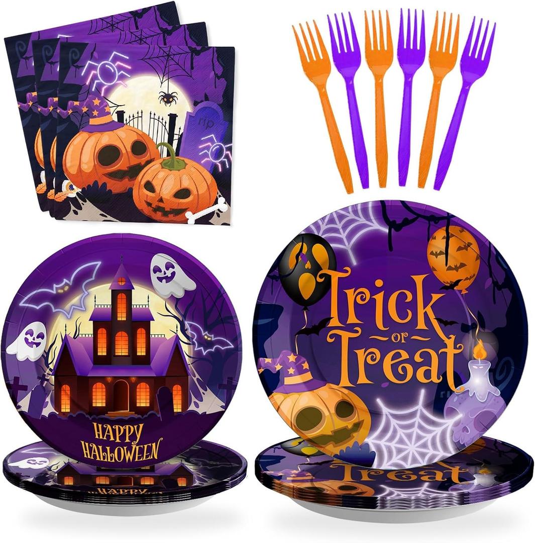 SCIONE 96 Pcs Halloween Party Supplies, Purple Halloween Plates and Napkins Trick Or Treat Tableware Set, Happy Halloween Holiday Pumpkin Ghost Dinnerware Party Decorations Serve 24 Guests