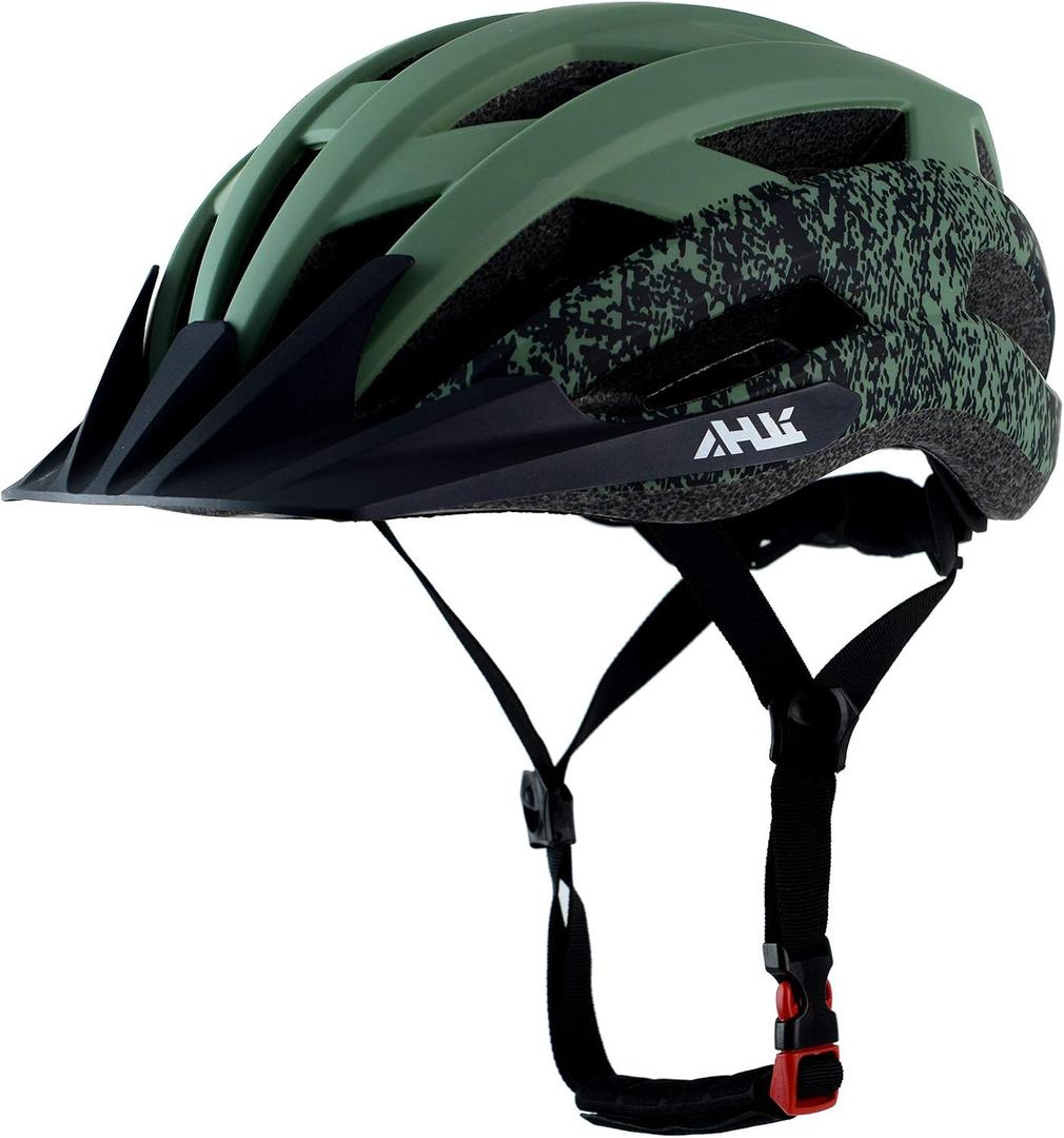 Youth Adult Road Bike Helmet, Men Women Adjustable Mountain Bicycle Helmet with Detachable Visor, 2 Sizes for Age 8-14+ Youth, Kids, Adult (Matte Dark-Green)