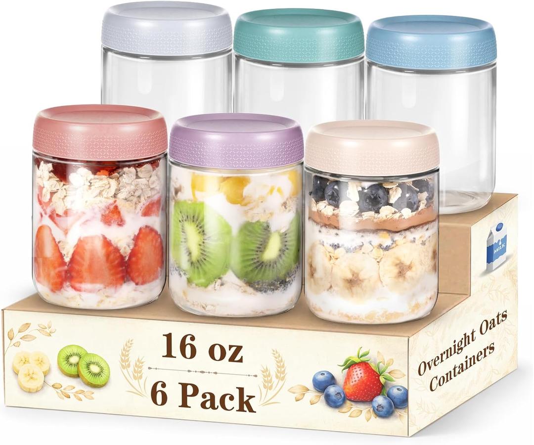 6 Pack Overnight Oats Containers with Lids, 16oz Wide Mouth Mason Jars, Suger Bowls, Glass Food Containers with Airtight Lids for Overnight Oats Jars for Yogurt, Meal Prep, Chia Pudding (Mixed Color)
