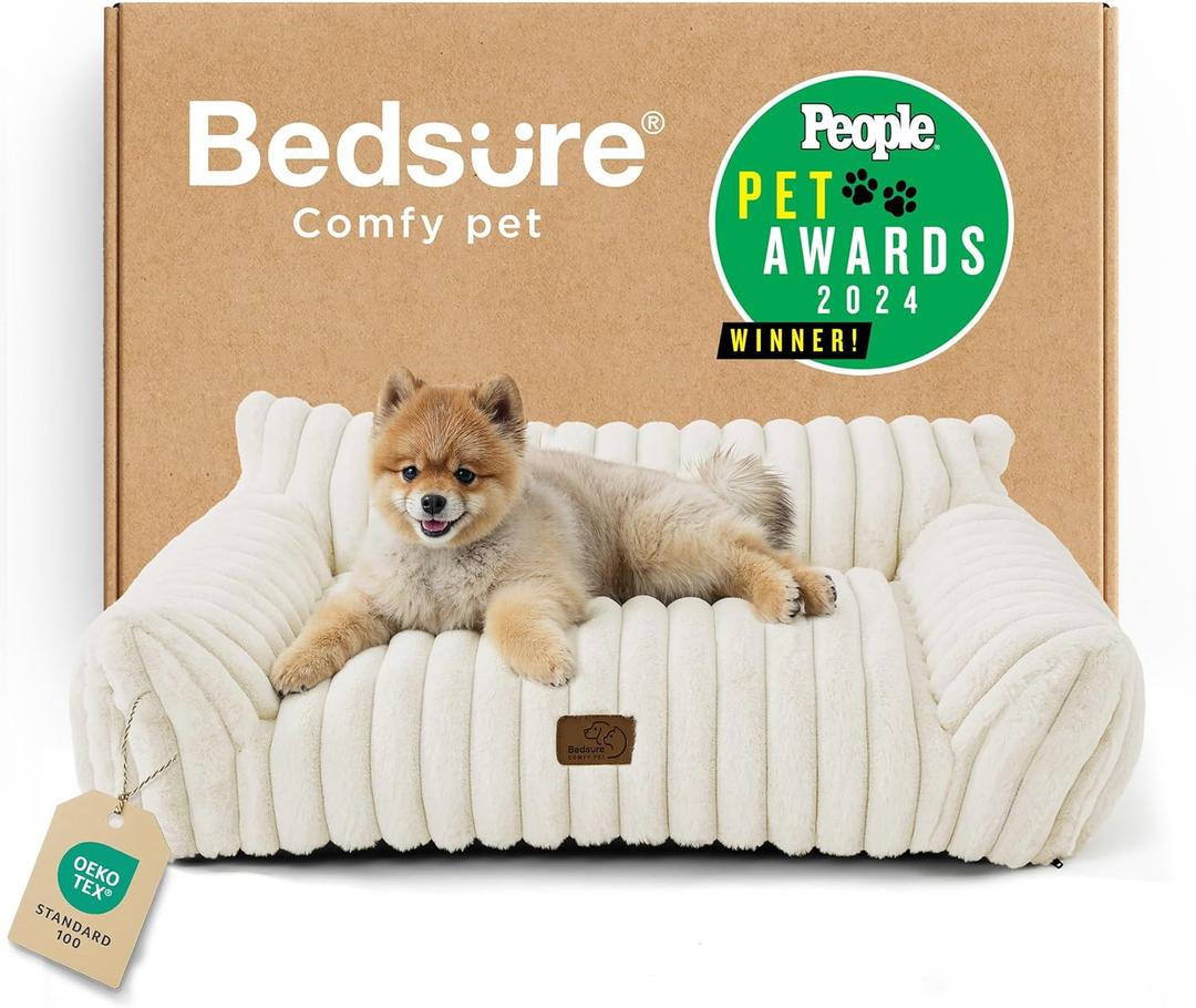 Bedsure ComfyFleece Cute Cat Couch for Pets - As Seen on TV on Good Day New York, Small Medium Dog Bed, Supportive Couch Bed for Small Dogs, 30 Inch, Cream